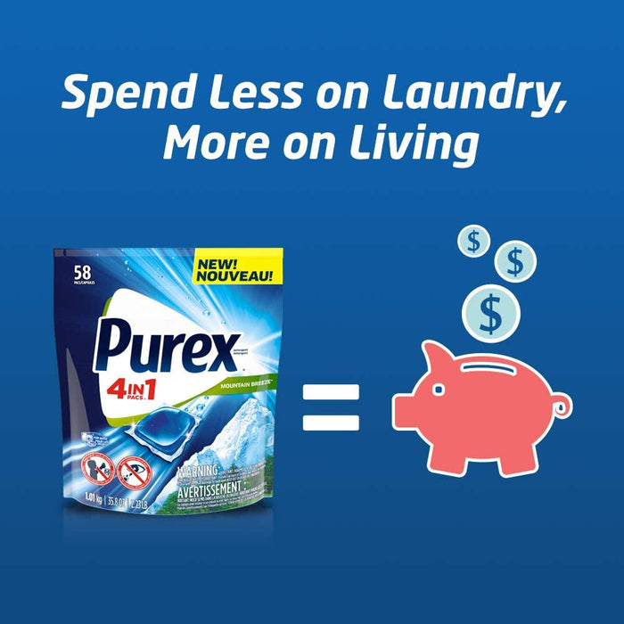 Purex 4-in-1 Laundry Detergent Pacs, Mountain Breeze, 58 Capsules