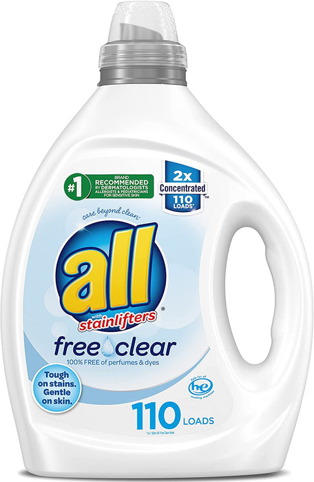 all Liquid Laundry Detergent, Clear for Sensitive Skin, 2X Concentrated, 110 Loads