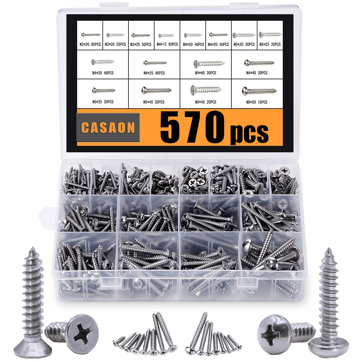 CASAON 570Pcs Self Tapping Screws Assortment Set, M3/M4/M5/M6 304 Stai ...